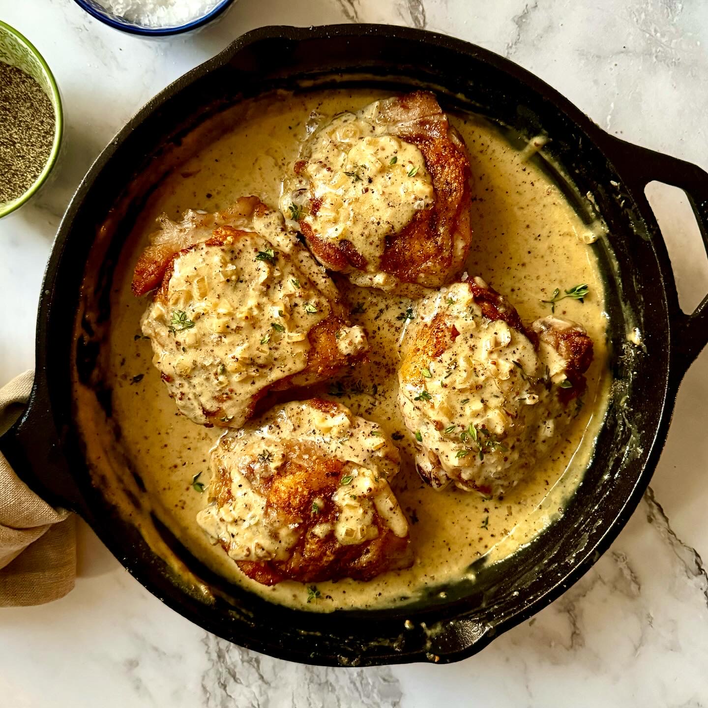 Crispy Chicken Thighs with Mustard Parmesan Cream Sauce